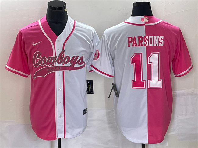 Men's Dallas Cowboys #11 Micah Parsons Pink/White Split Cool Base Stitched Baseball Jersey